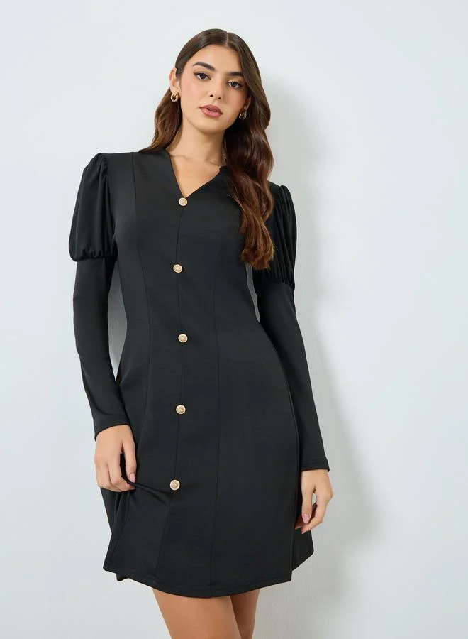 Styli Women Black Buttoned V-Neck Mini Dress